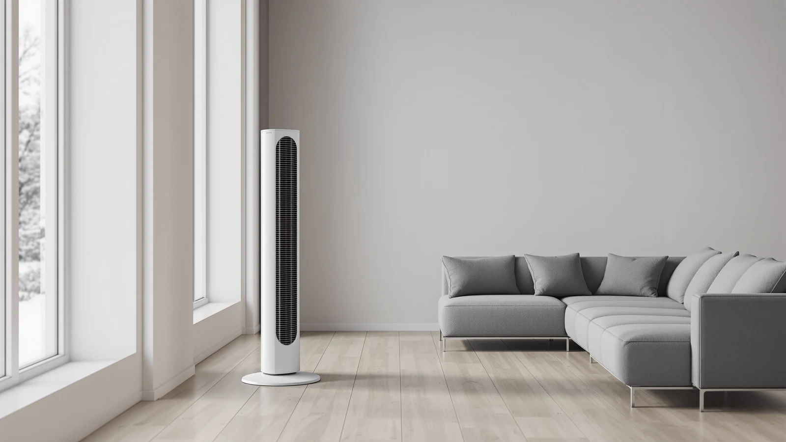 A slim white tower space heater standing alone in a large, light-filled living room with a wall of tall windows and a grey sectional sofa well across the room