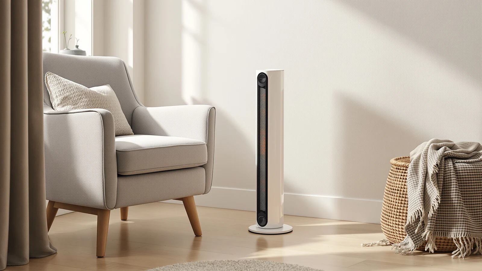 Slim white ceramic tower space heater on a pale oak floor beside a grey linen armchair in a calm, sunlit living room